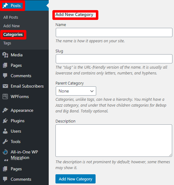 Add New Categories in WordPress