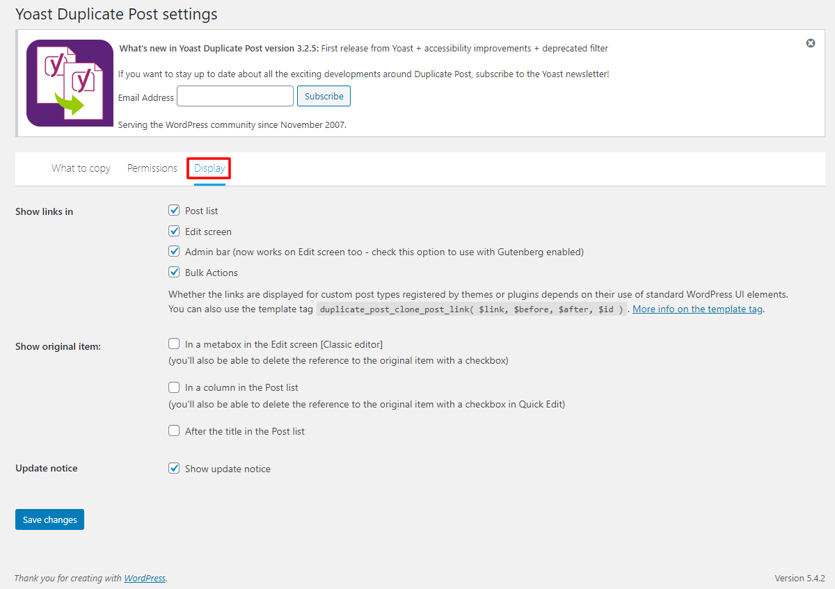 Yoast Duplicate Post Settings display
