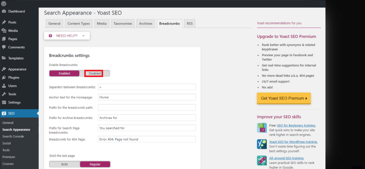 Breadcrumbs settings in Yoast