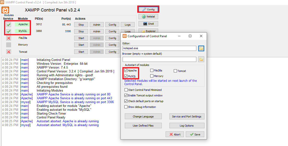 Autorun Apache and MySQL