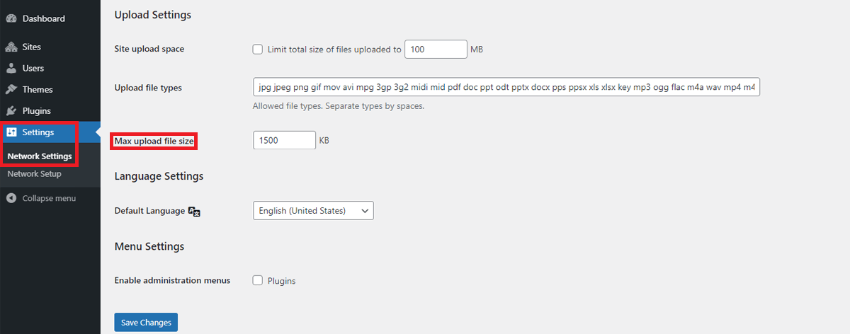 How to change max upload size in WordPress Multisite