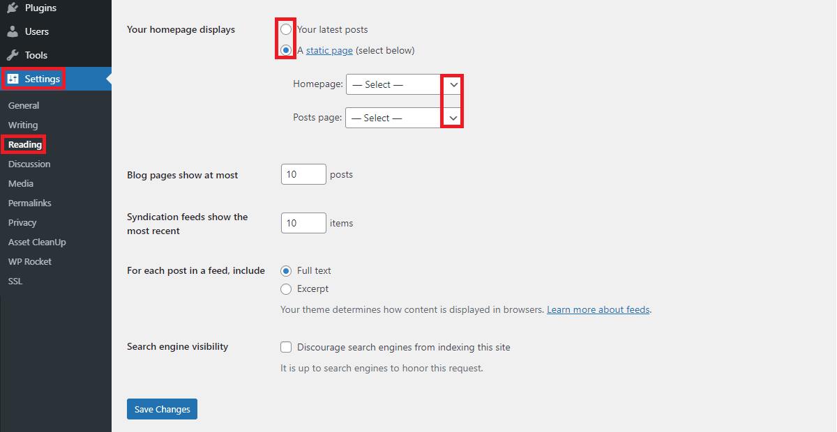 Homepage Reading Settings