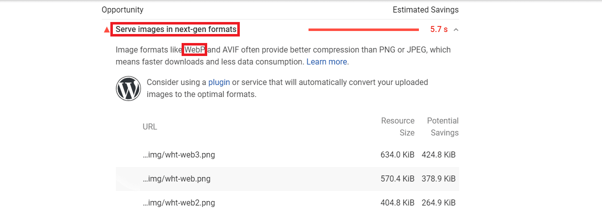 Serve images in next gen formats - PageSpeed Insights