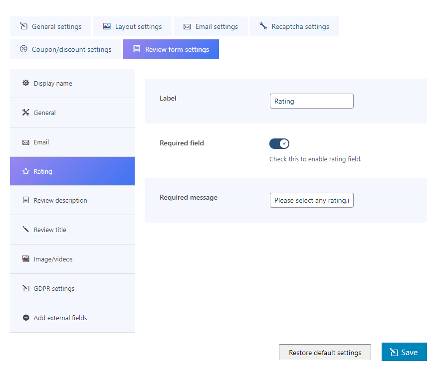 rating settings