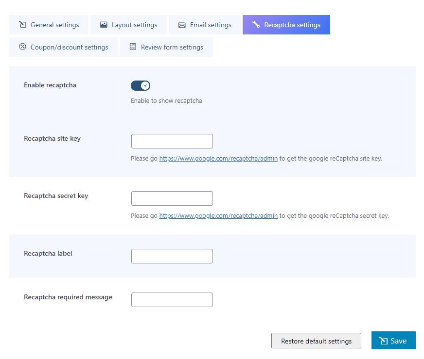 recaptcha settings