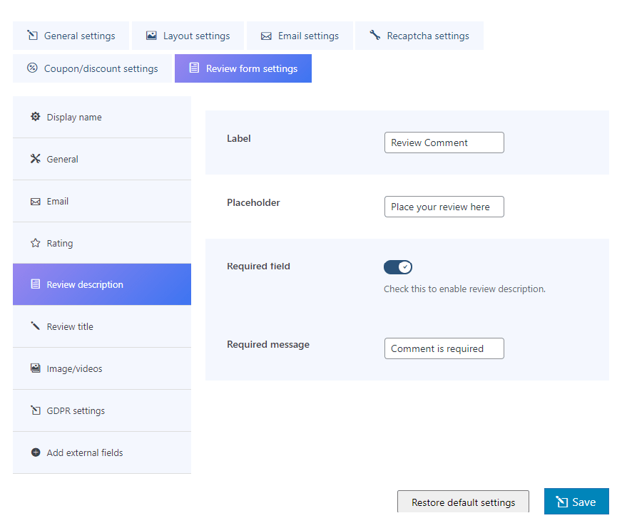 review description settings