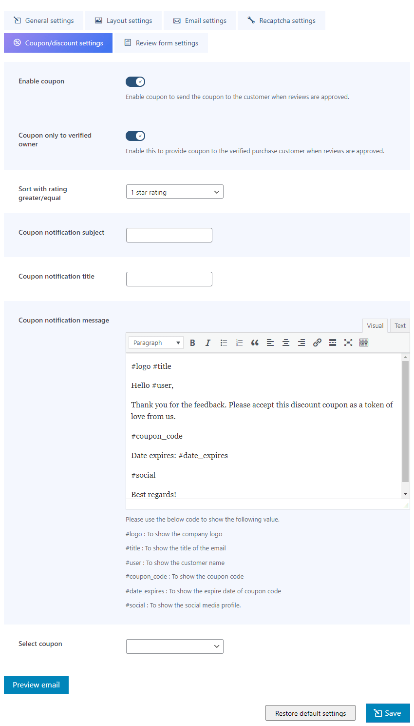 coupon settings