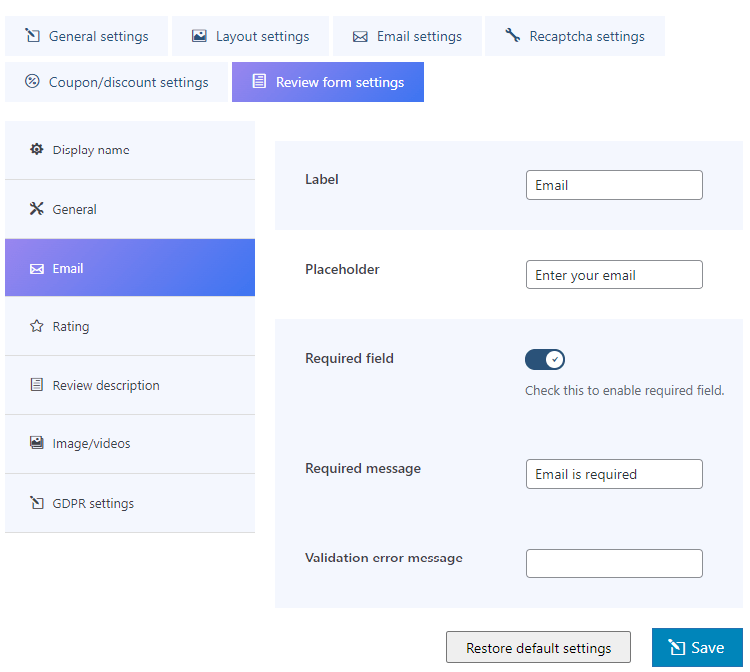 email form settings